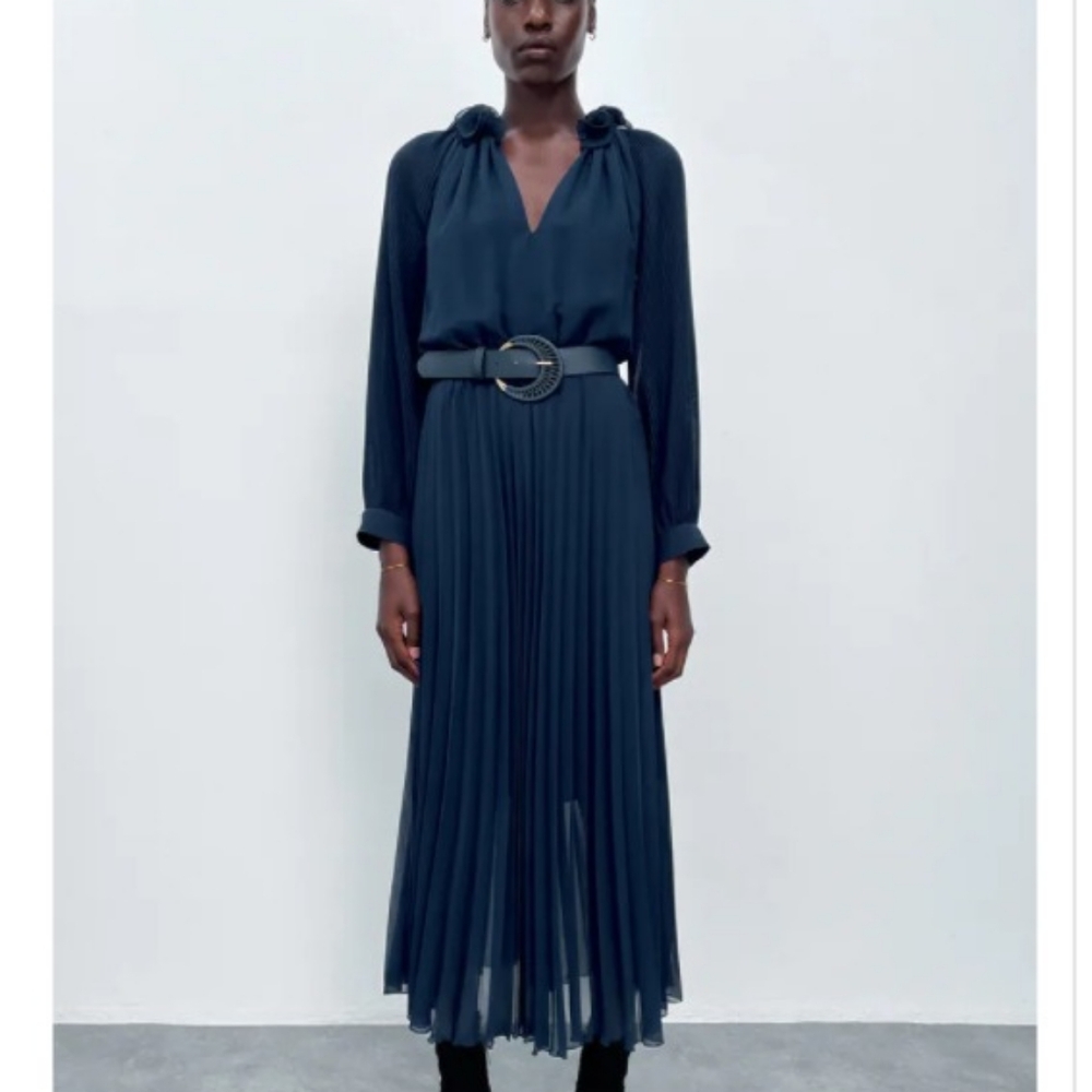 Zara Blue Maxi Ribbed Gown with Long Bishop Sleeves and Mock Neck
